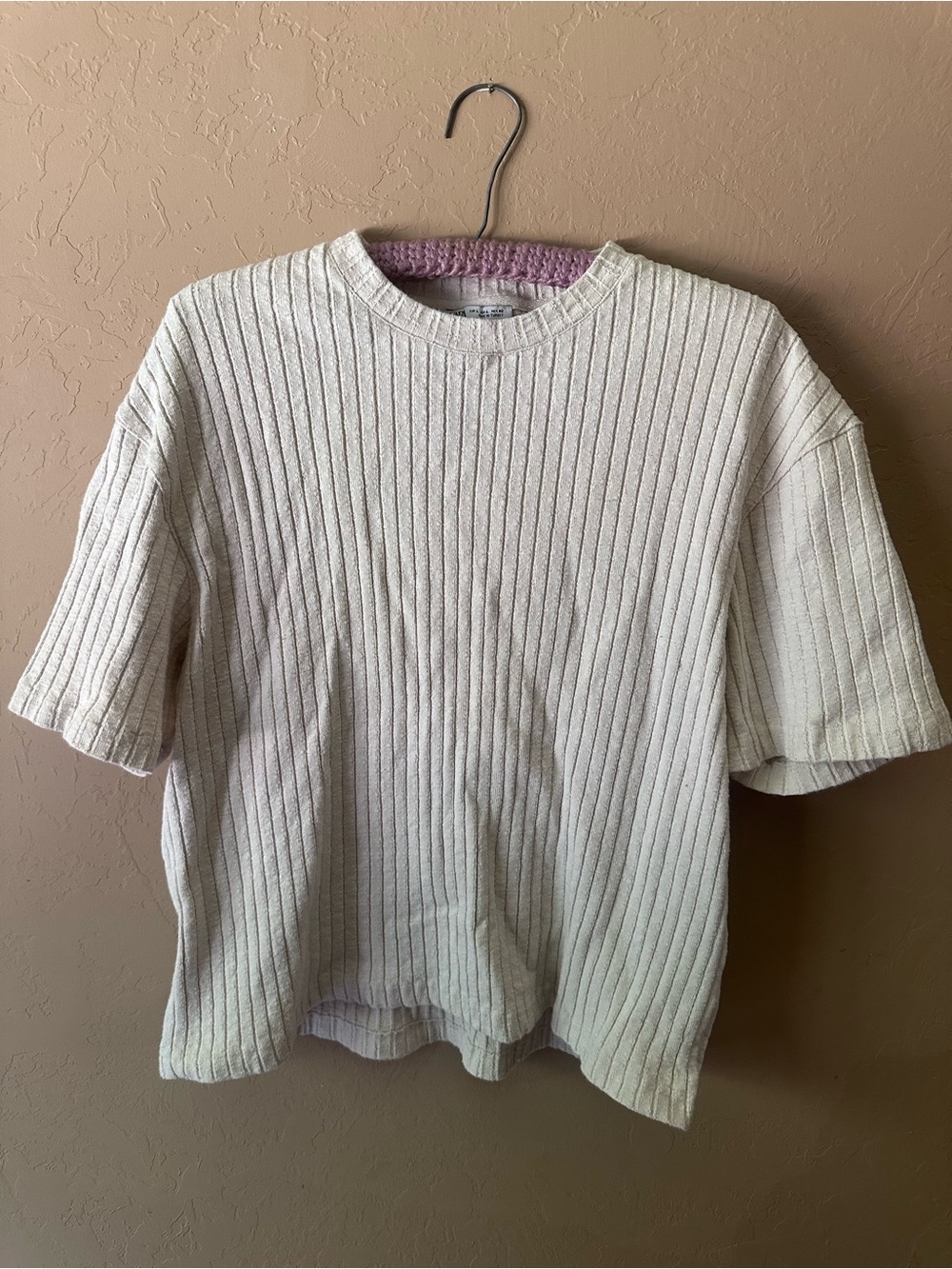 Zara Textured Cream Ribbed Short Sleeve Top